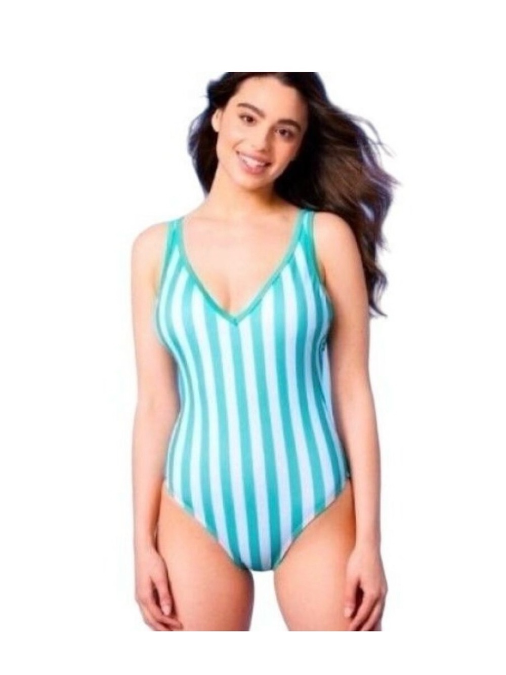 Striped V-Neck One-Piece Swimsuit Beverly Hills Aqua Blue Striped Small Medium